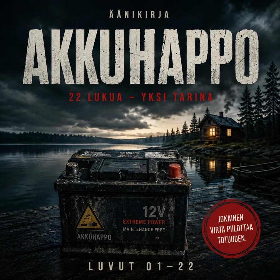 Akkuhappo-äänikirjan kansi: auton akku laiturilla tumman järvimaiseman edessä